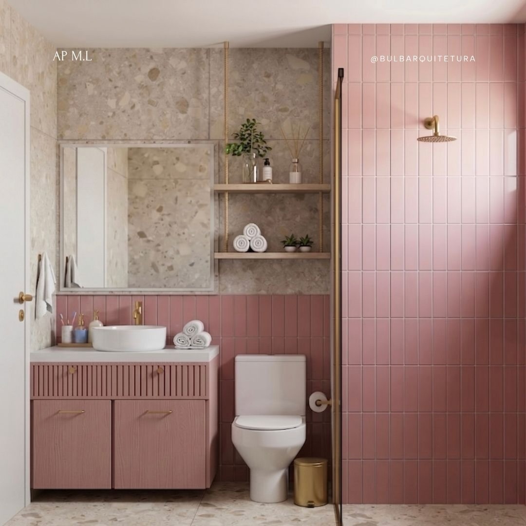 Banheiro em terrazzo e cerâmica rosa com ferragens douradas — render 3D