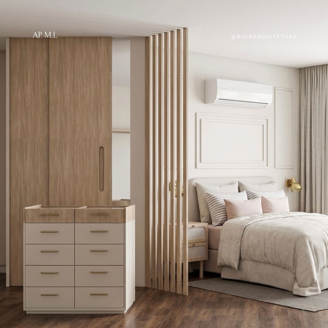Quarto com marcenaria planejada e painel ripado divisório — render 3D