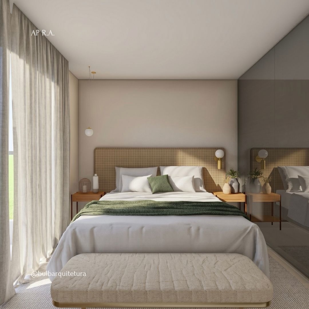 Quarto do casal com cabeceira em rattan e manta verde