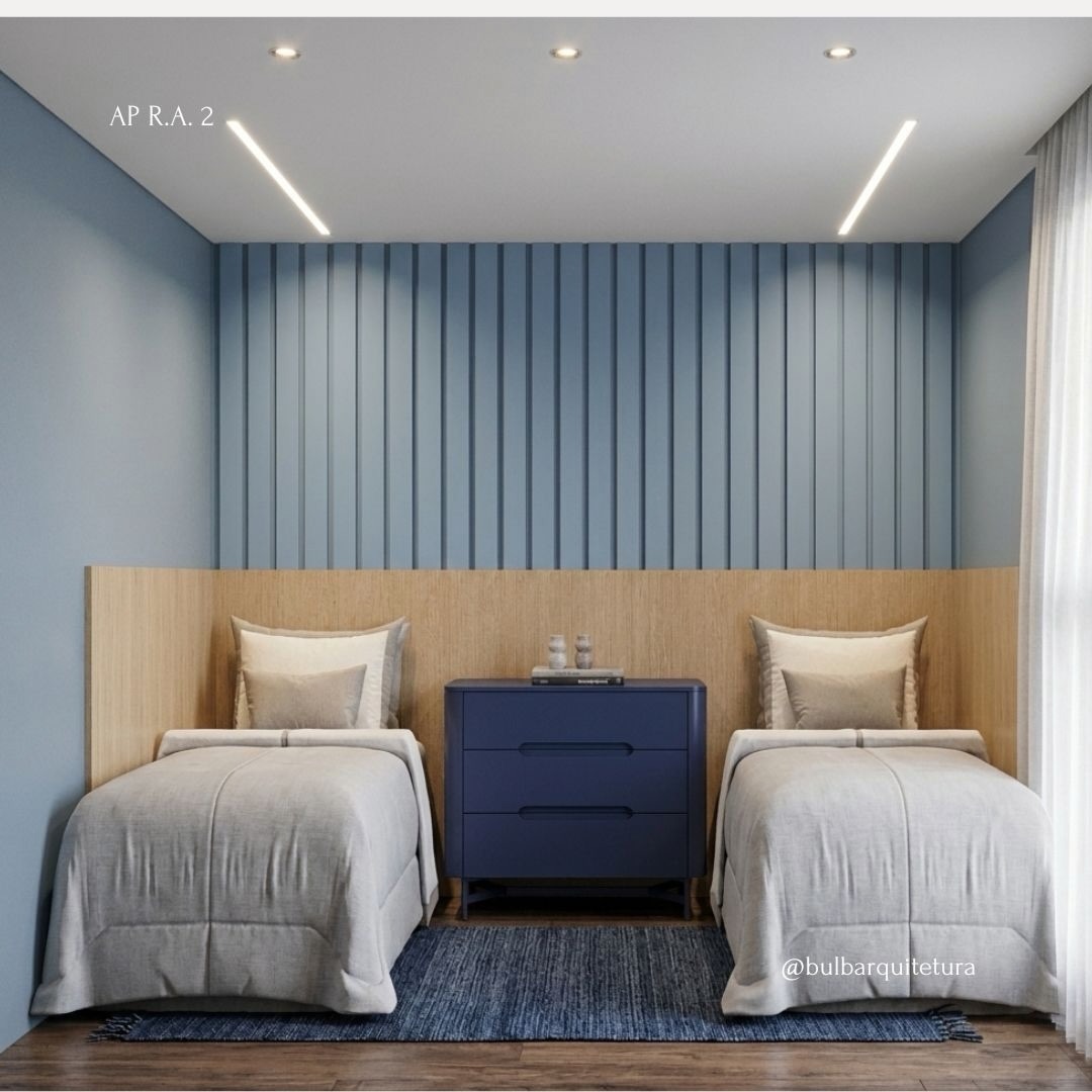 Quarto duplo com ripado azul-petróleo e marcenaria em madeira — render 3D