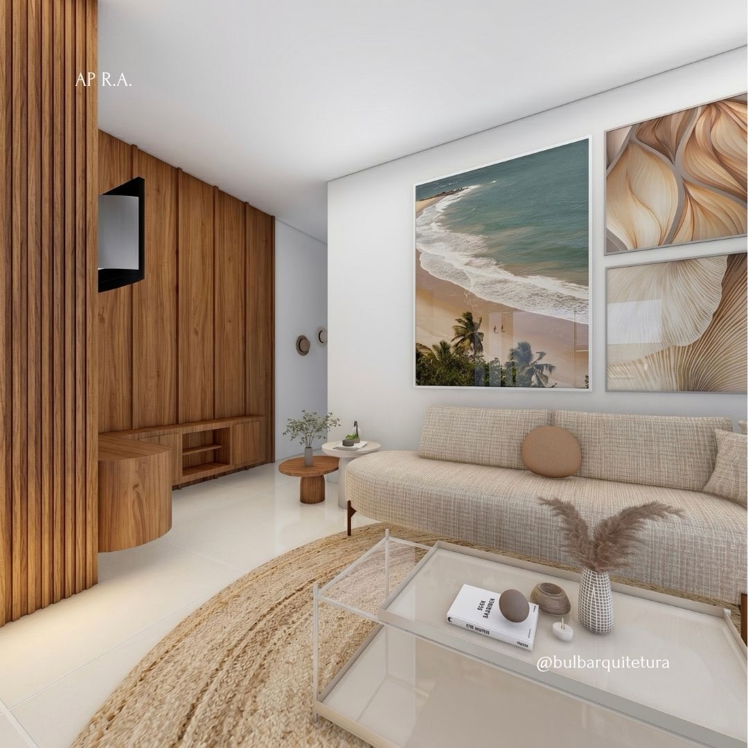 Sala de estar com painel ripado em madeira, sofá curvo bege e quadros decorativos — render 3D de projeto da bulb arquitetura