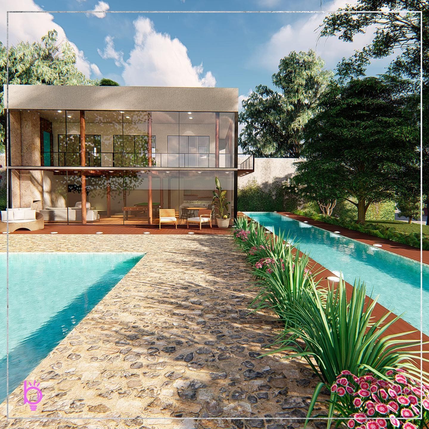Fachada de residência com piscina espelhada