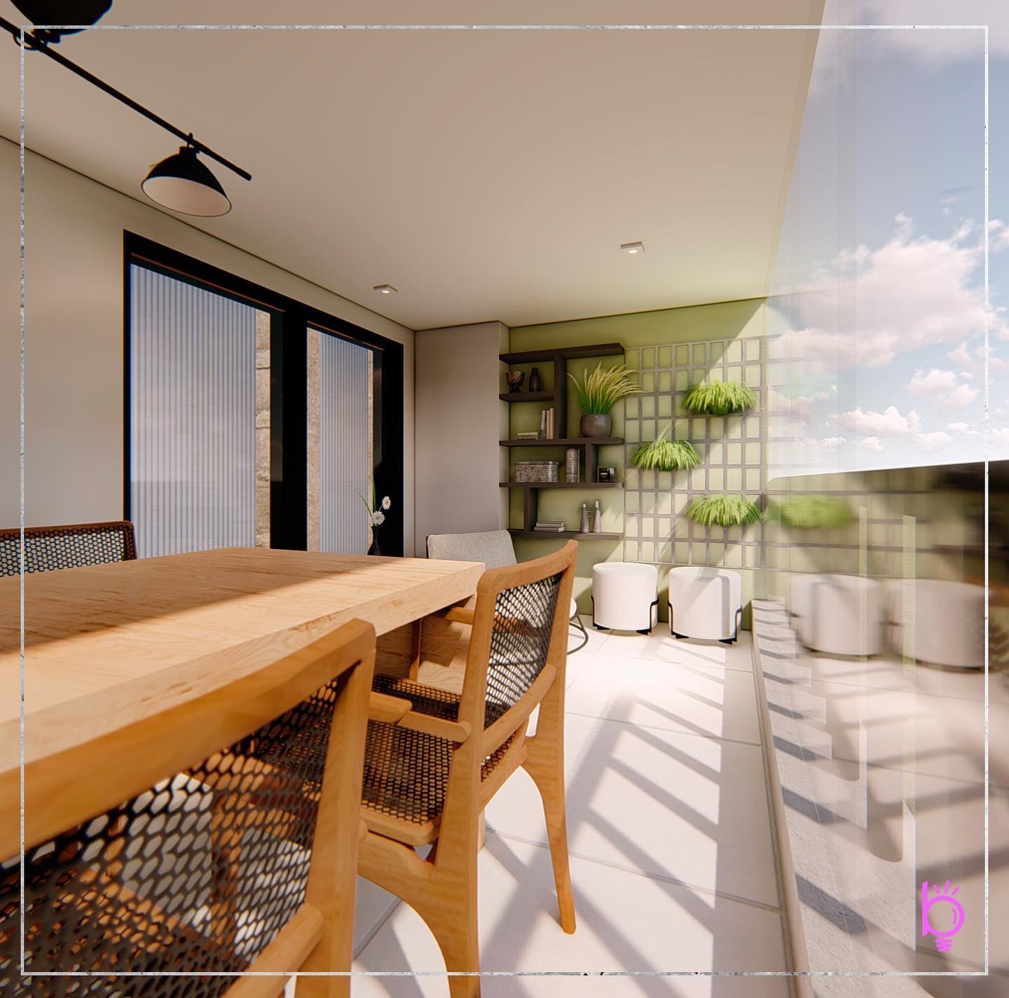 Varanda gourmet com marcenaria, banco em madeira e vista externa